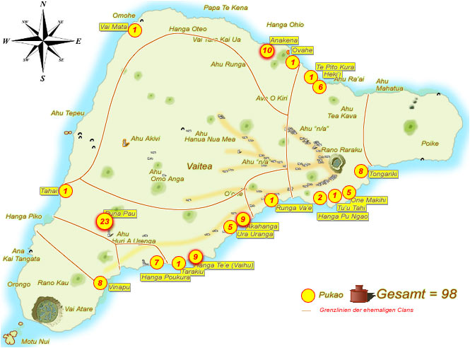 Inselkarte: Standort der 98 erfassten Pukao auf der Osterinsel